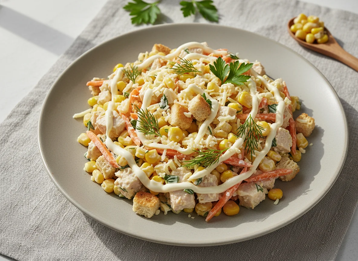 Салат с курицей, морковью и сухариками photo