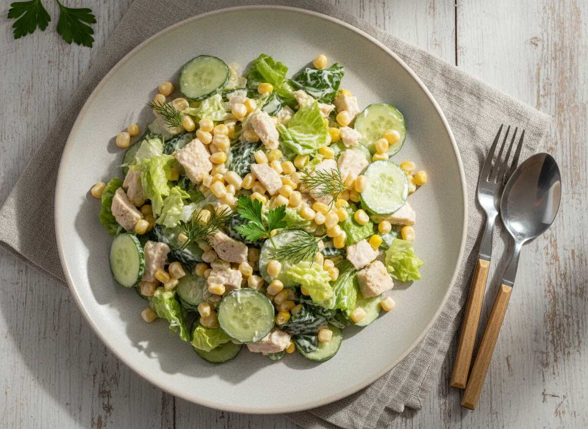 Салат с курицей, огурцом и кукурузой photo