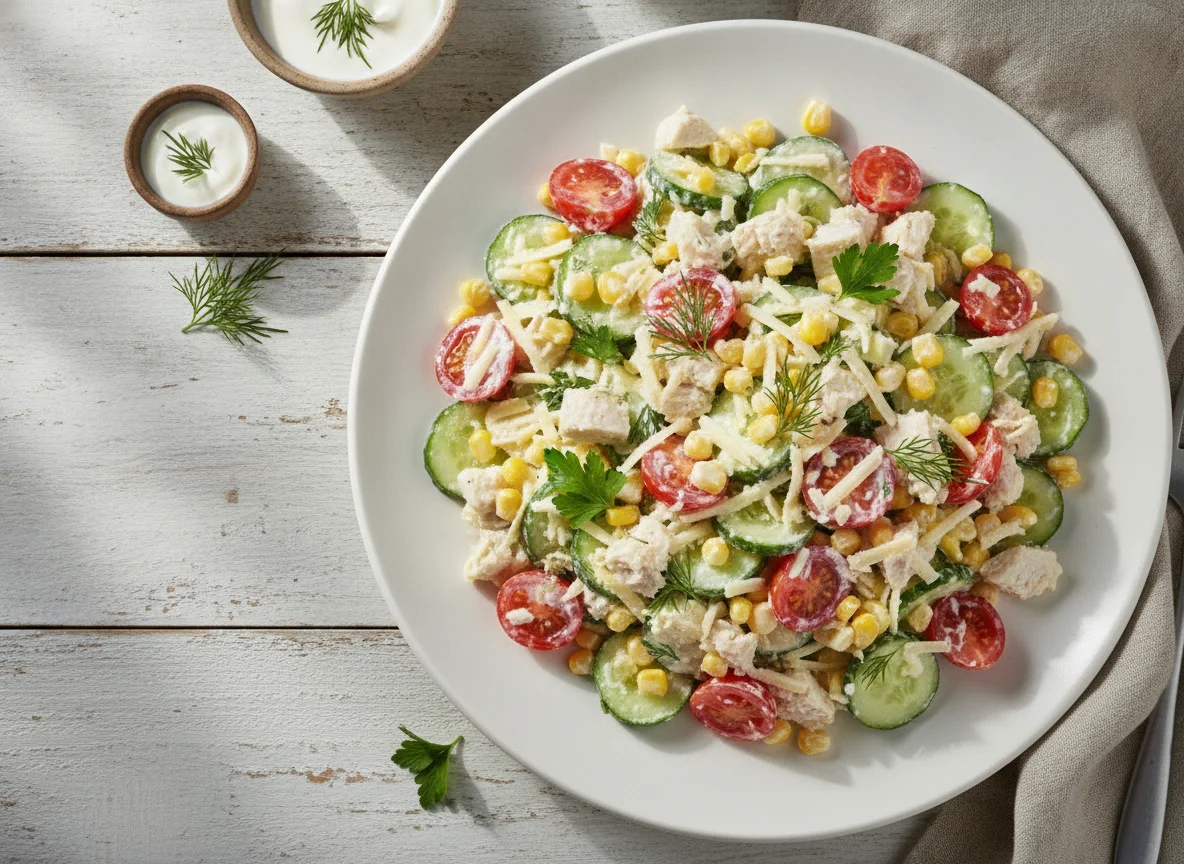 Салат с курицей, овощами и кукурузой photo