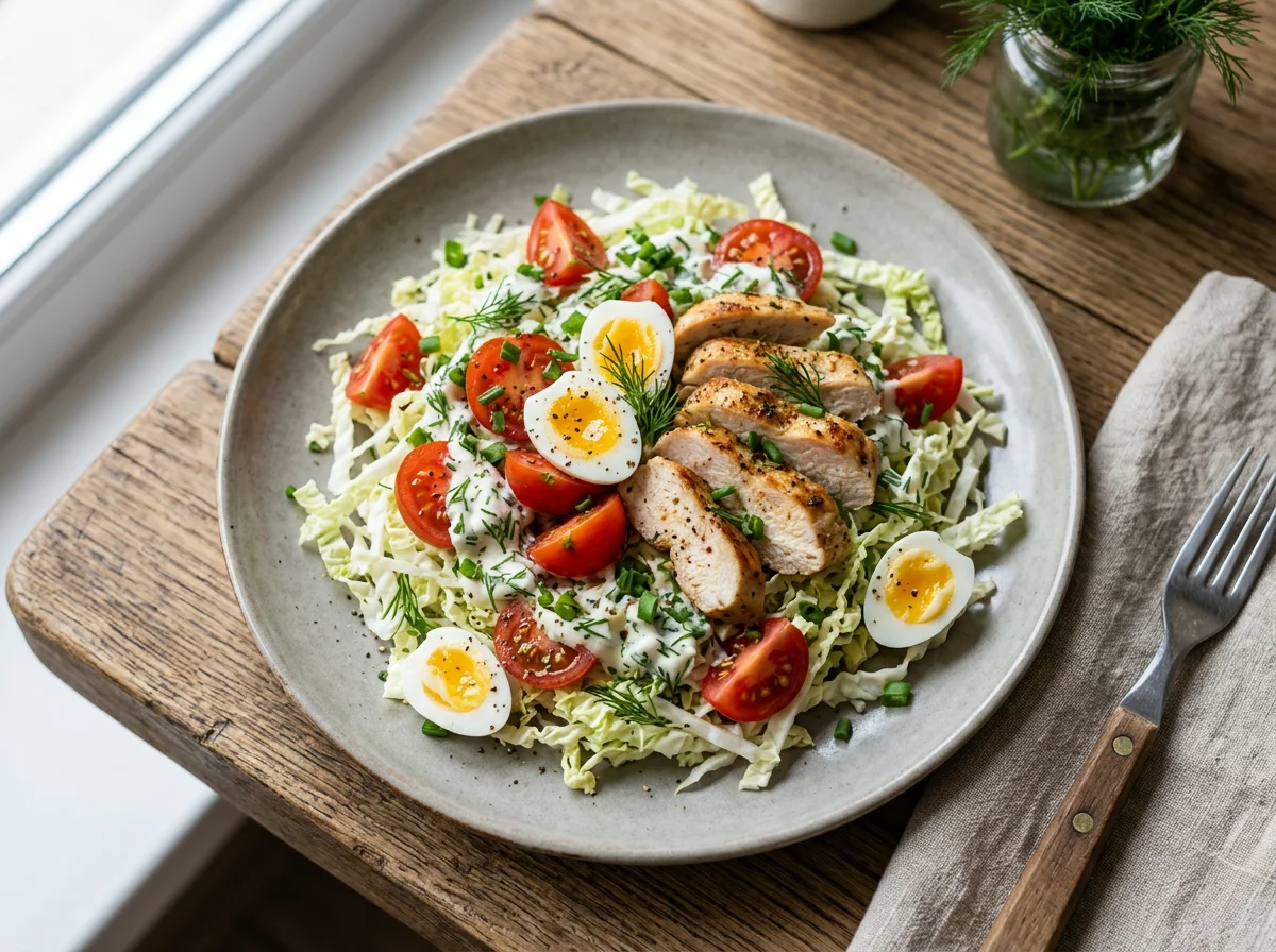 Салат с курицей, овощами и перепелиными яйцами photo