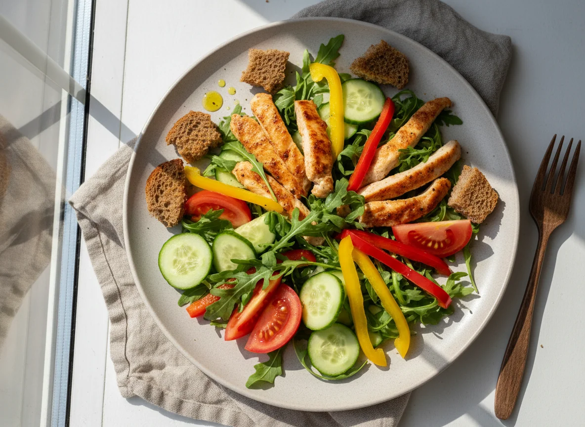 Салат с курицей, овощами и ржаным хлебом photo