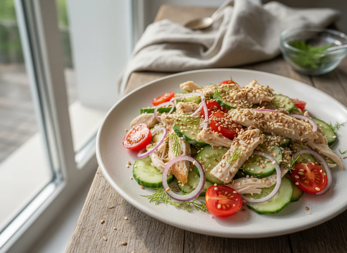 Салат с курицей, овощами и семенами photo