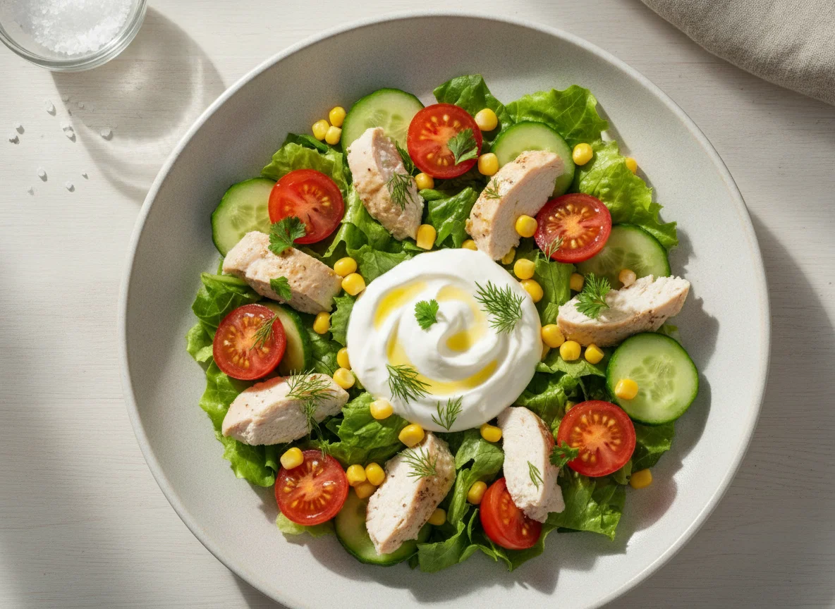 Салат с курицей, овощами и сметаной photo