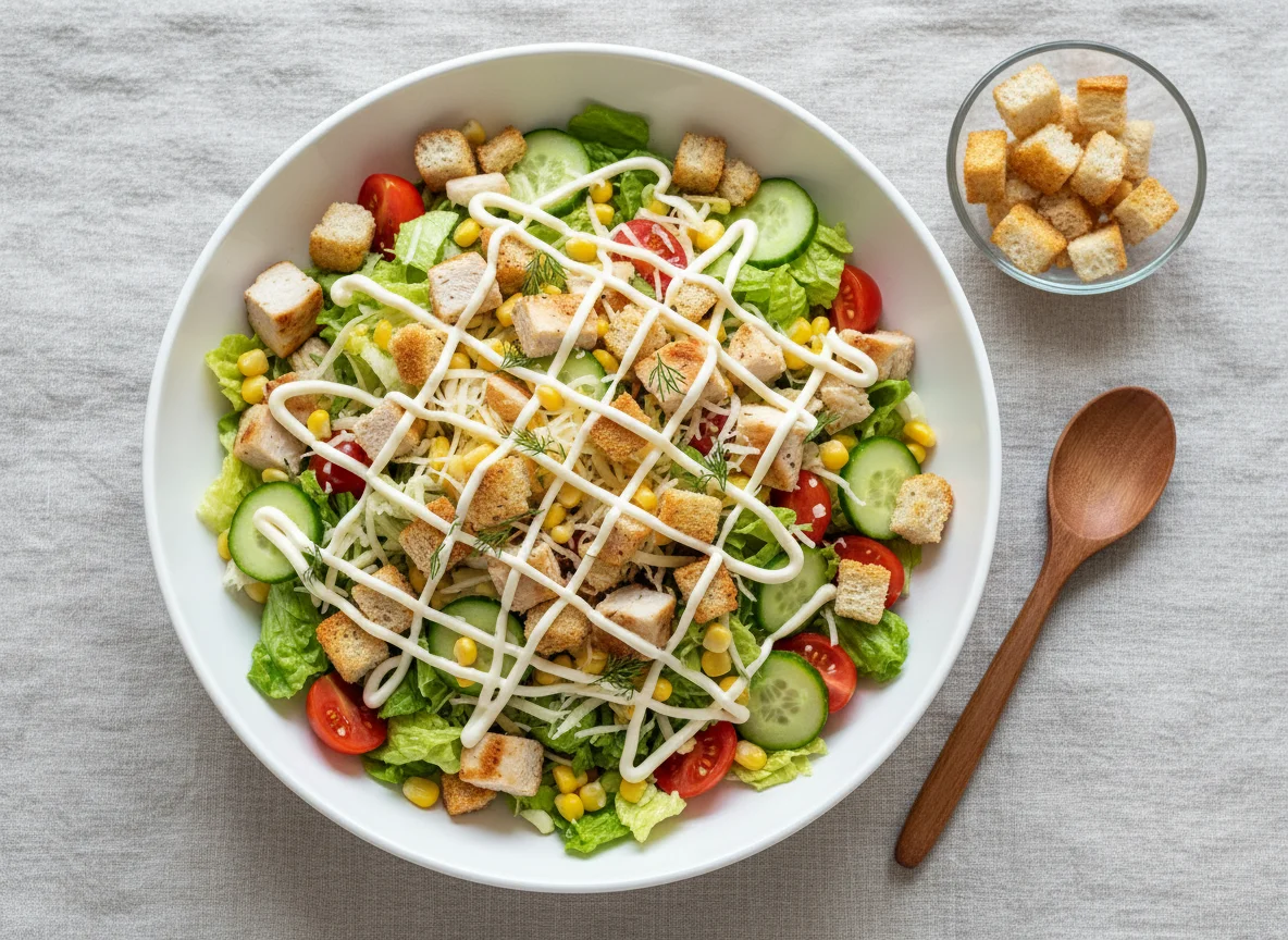 Салат с курицей, овощами и сухариками photo