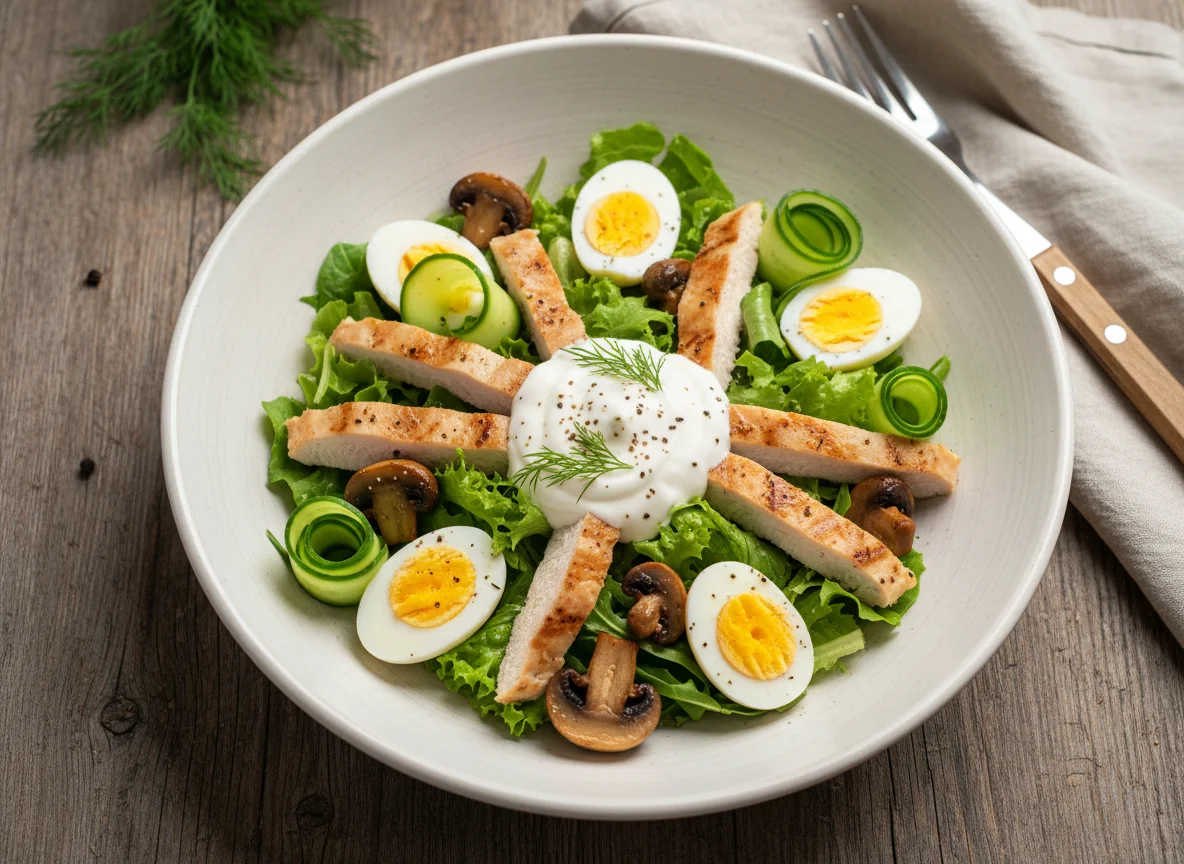 Салат с курицей, перепелиными яйцами и грибами photo