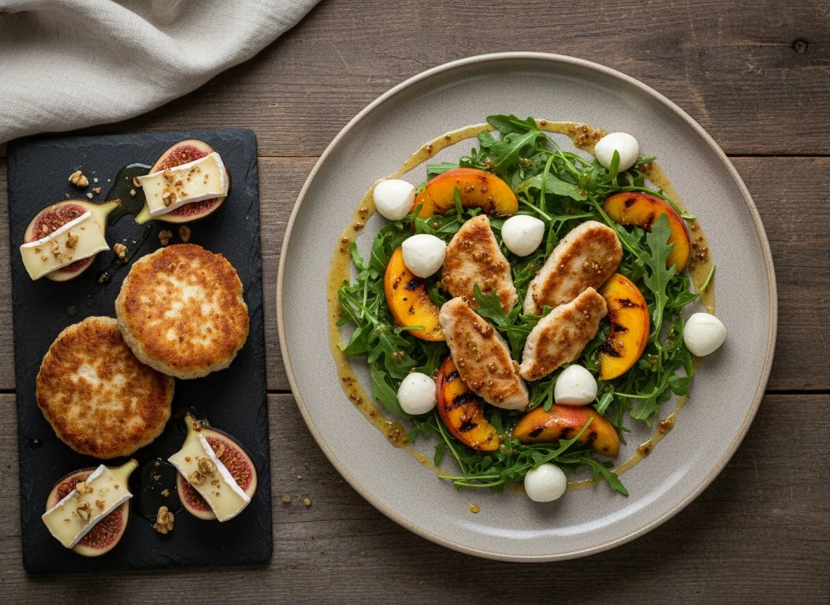 Салат с курицей, персиками и моцареллой, котлеты из индейки и инжир с сыром photo