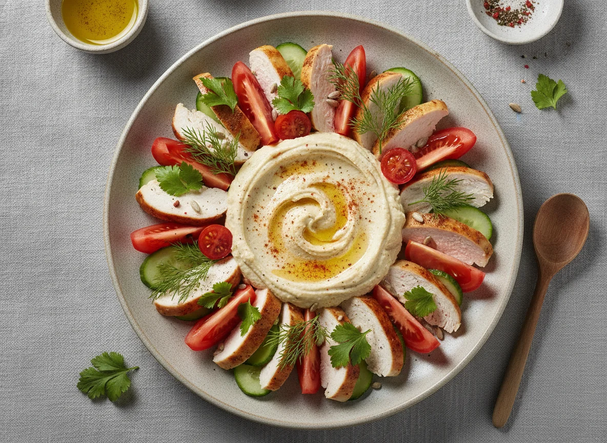 Салат с курицей, помидорами и хумусом photo