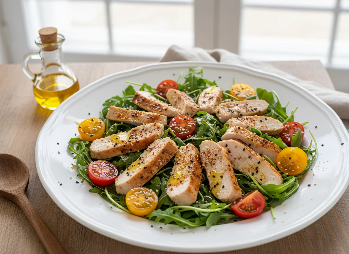 Салат с курицей, помидорами и рукколой photo