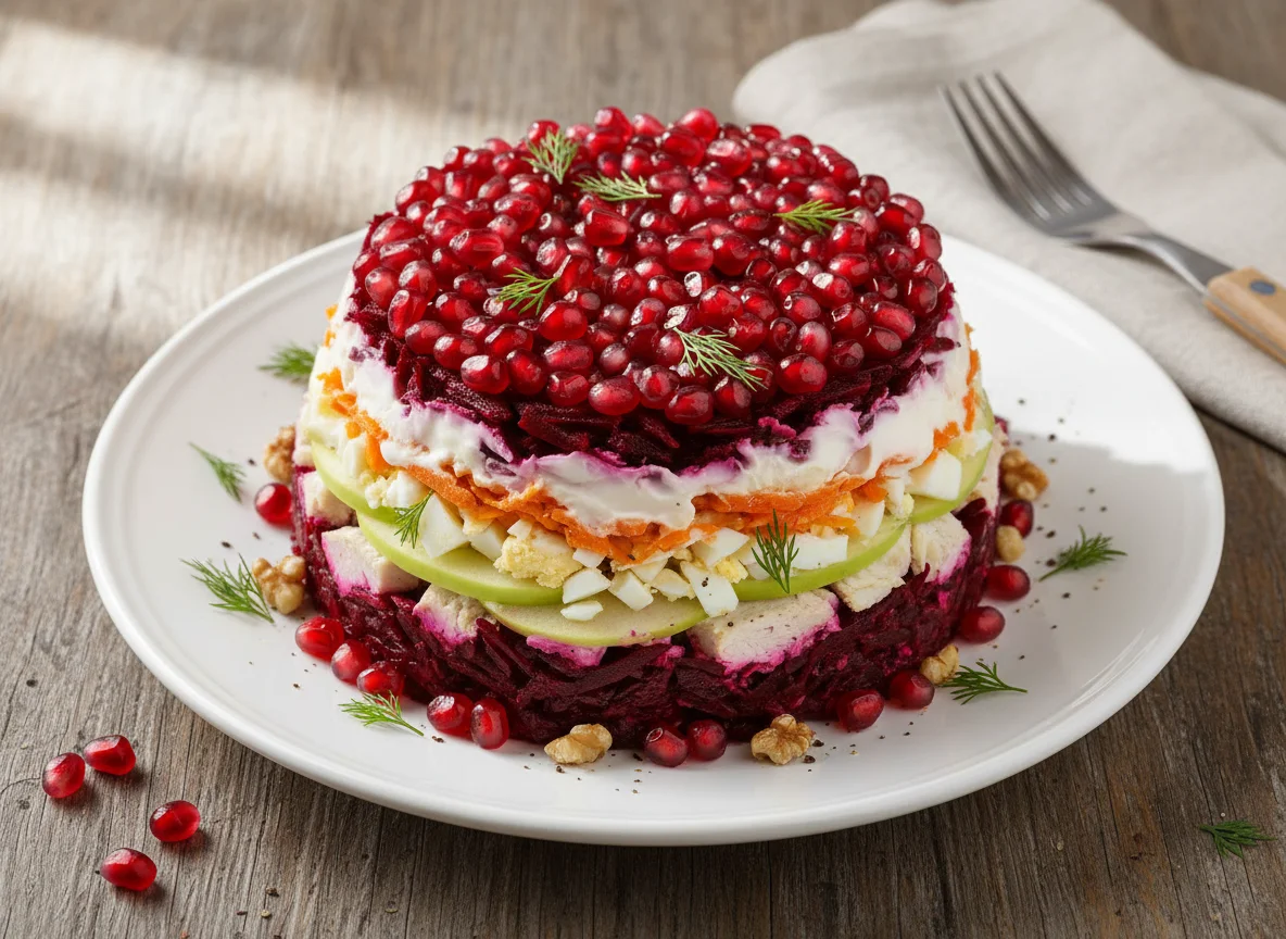 Салат с курицей, свеклой и гранатом photo