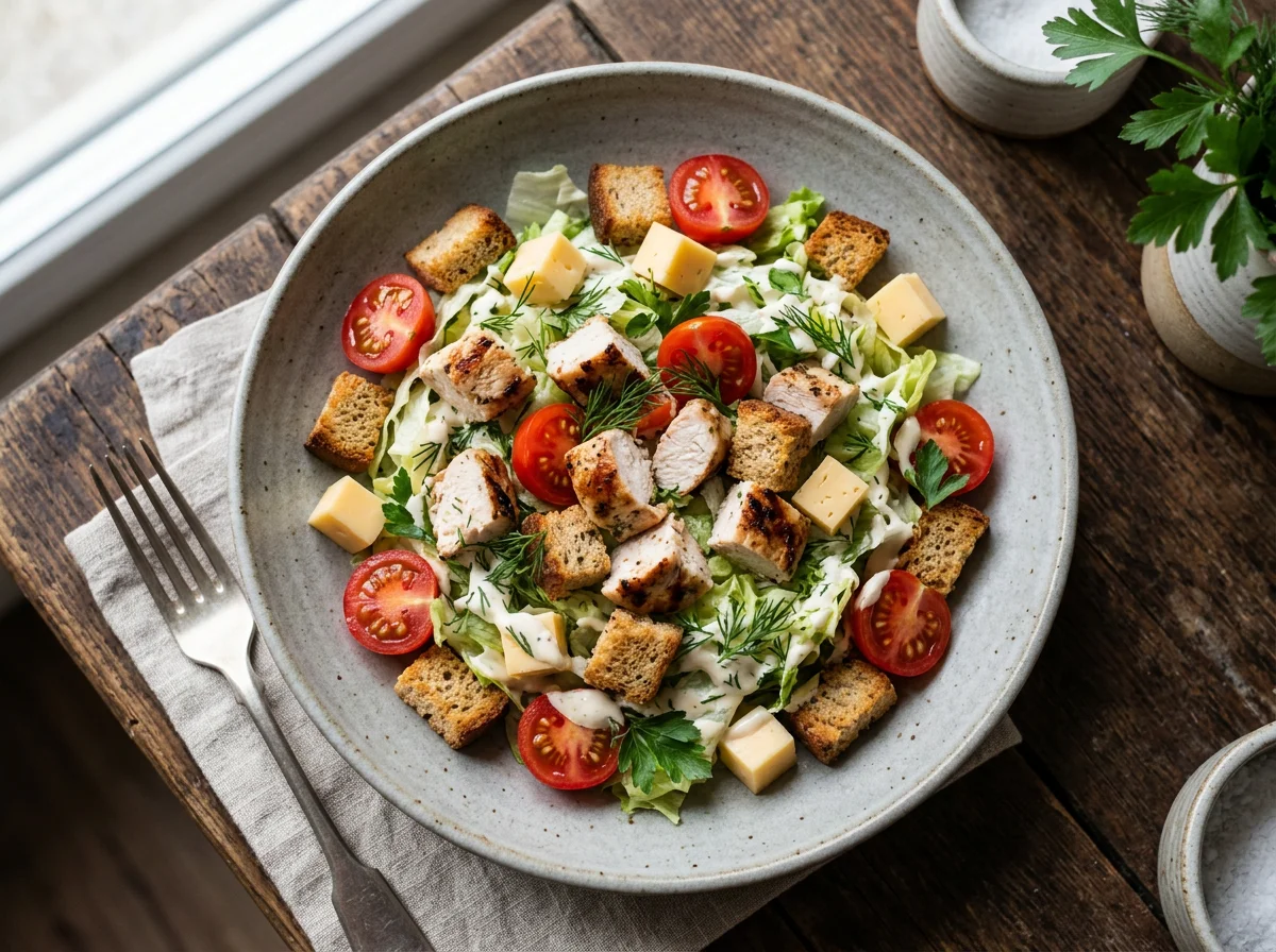 Салат с курицей, сыром и сухариками photo