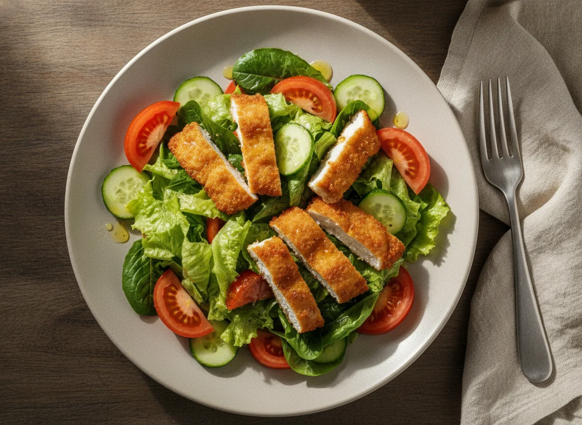 Салат с курицей в панировке и овощами photo