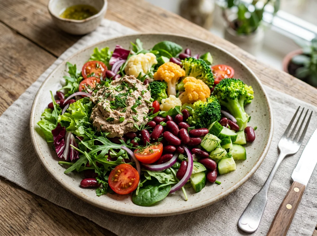 Салат с куриным паштетом, фасолью и овощами photo