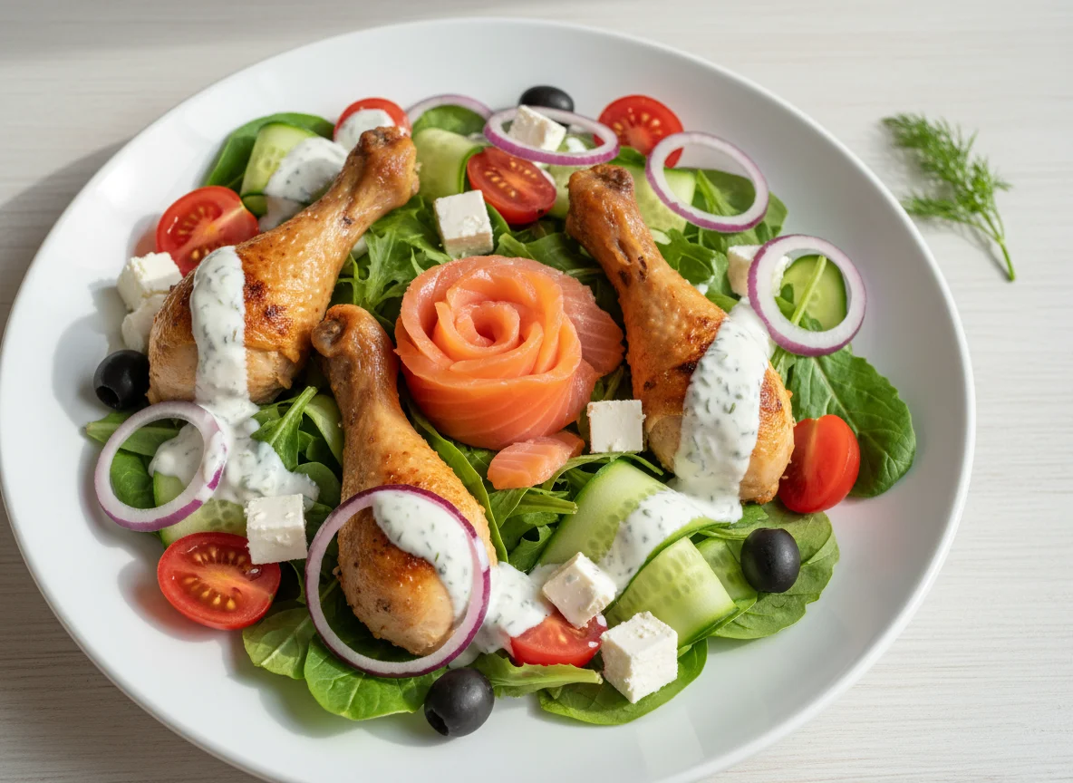 Салат с куриными голенями и лососем photo