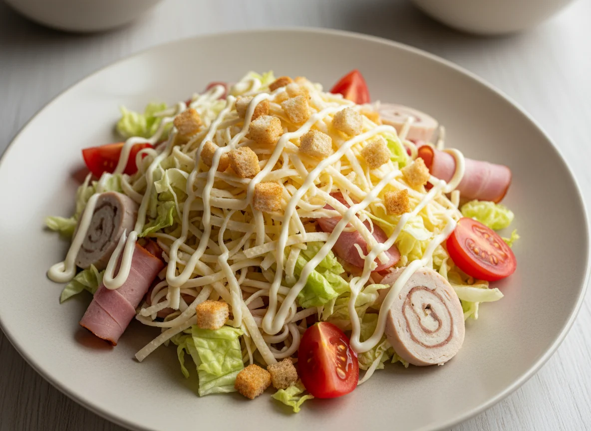 Салат с лапшой, сыром и мясными деликатесами photo