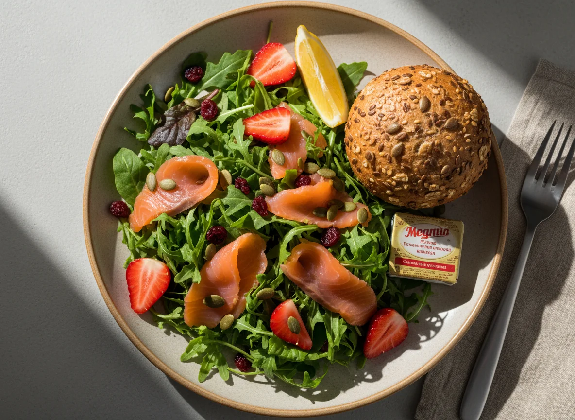 Салат с лососем, ягодами и цельнозерновой булочкой photo