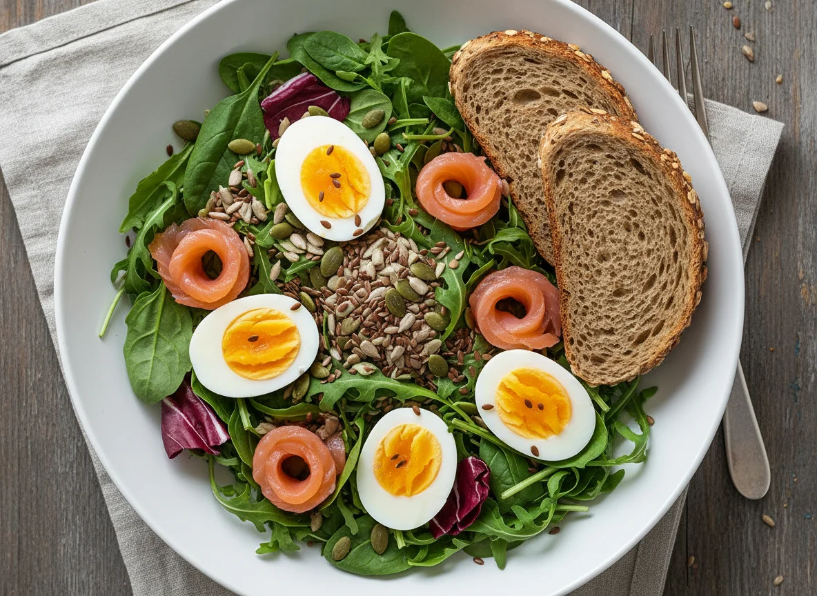 Салат с лососем, яйцами и хлебом photo