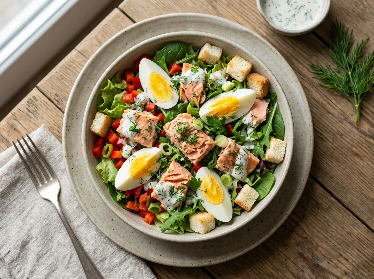 Салат с лососем, яйцами и овощами photo