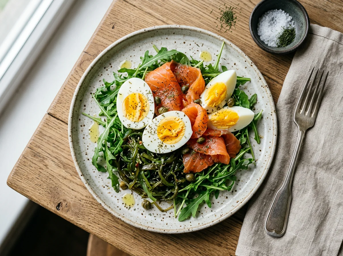 Салат с лососем, яйцами и водорослями photo