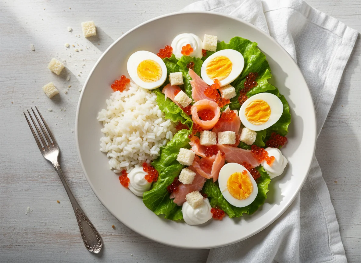 Салат с лососем, яйцами, рисом и икрой photo