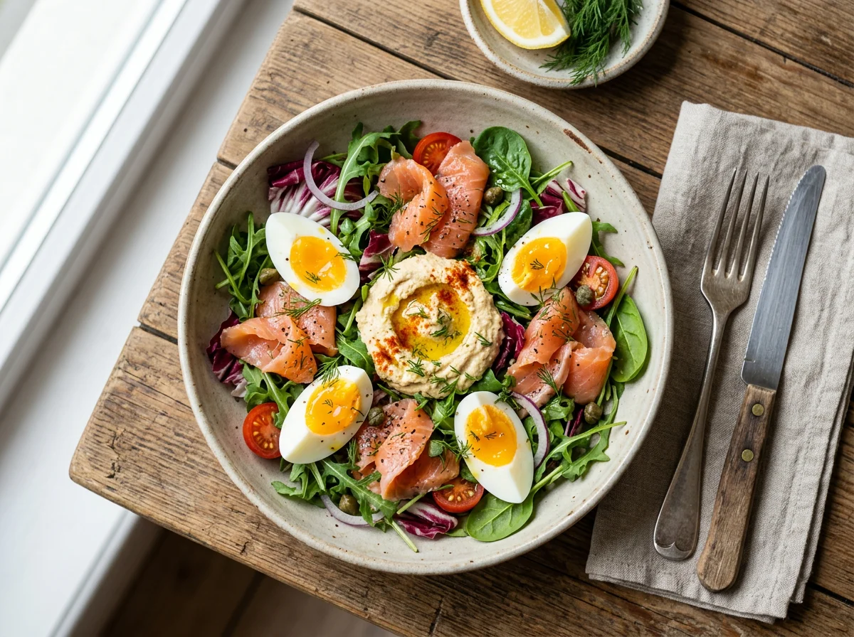 Салат с лососем, яйцом и хумусом photo