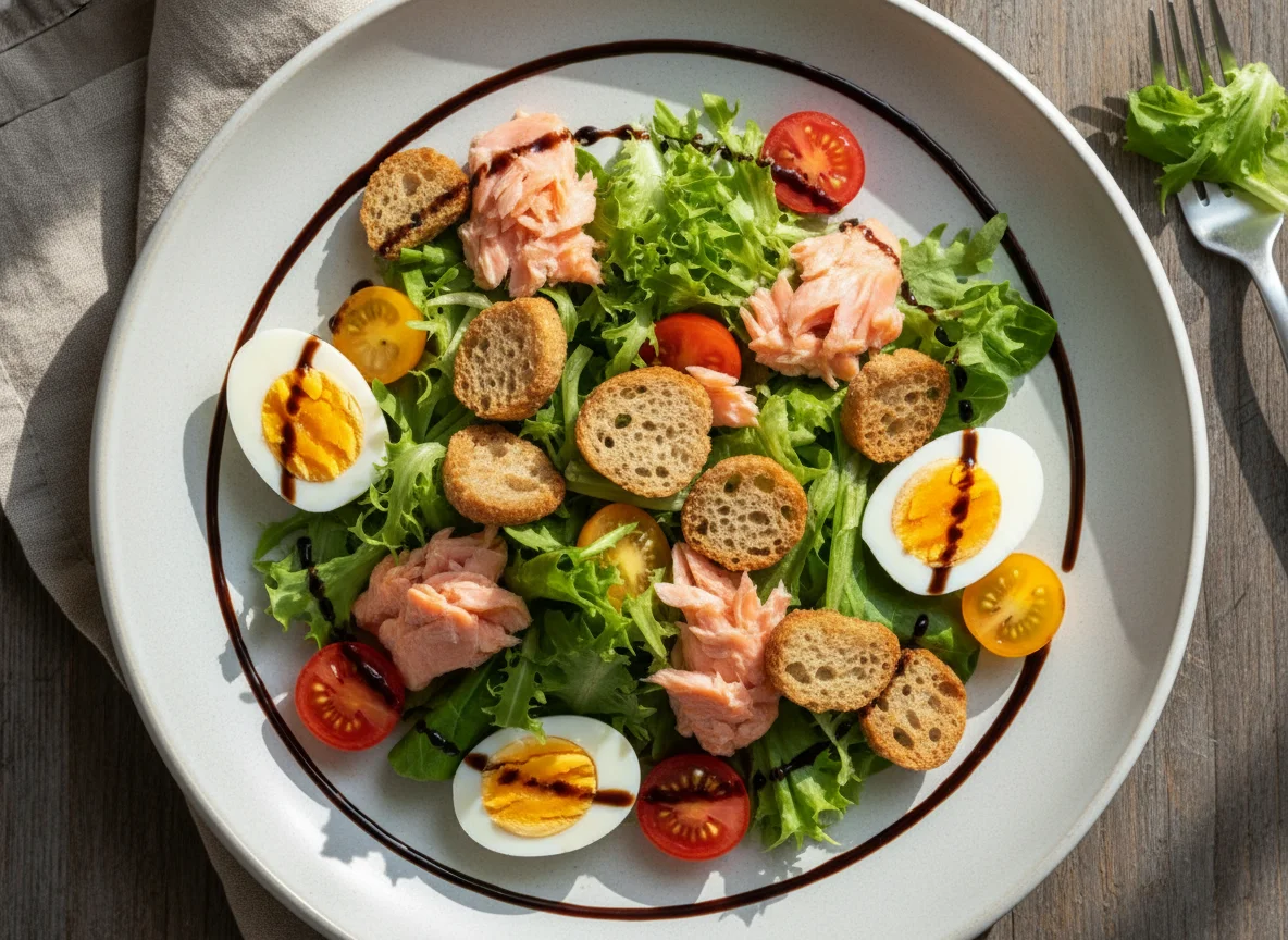 Салат с лососем, яйцом и сухариками photo