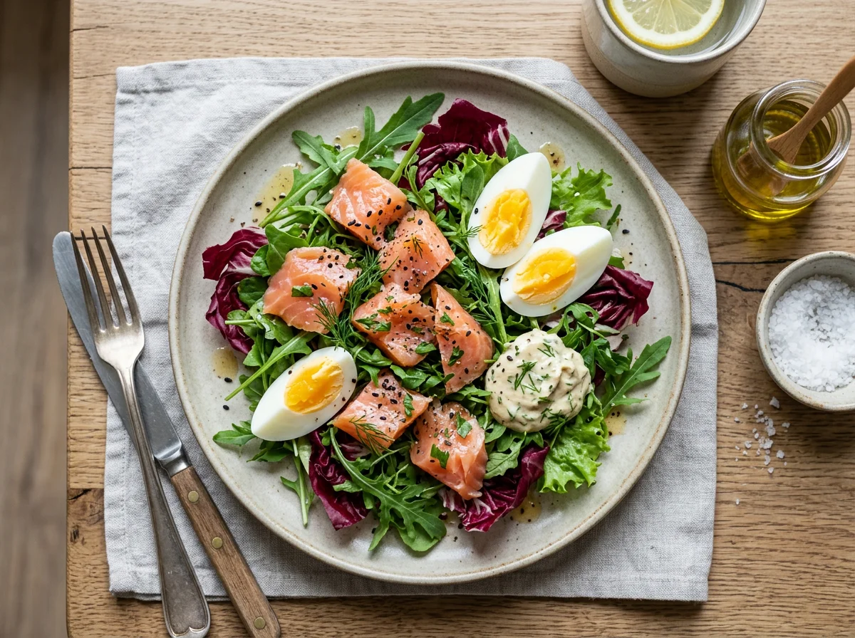 Салат с лососем, яйцом и зеленью photo
