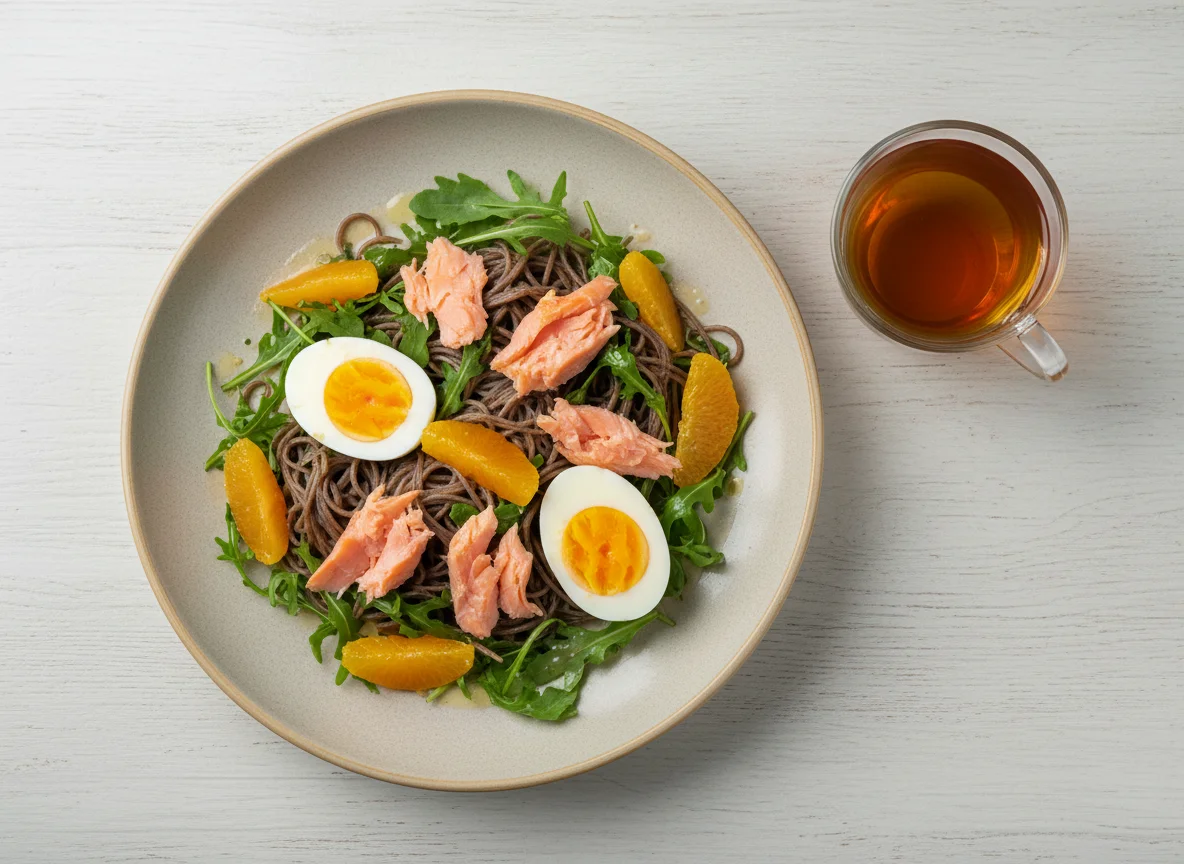 Салат с лососем, яйцом, лапшой и апельсином photo