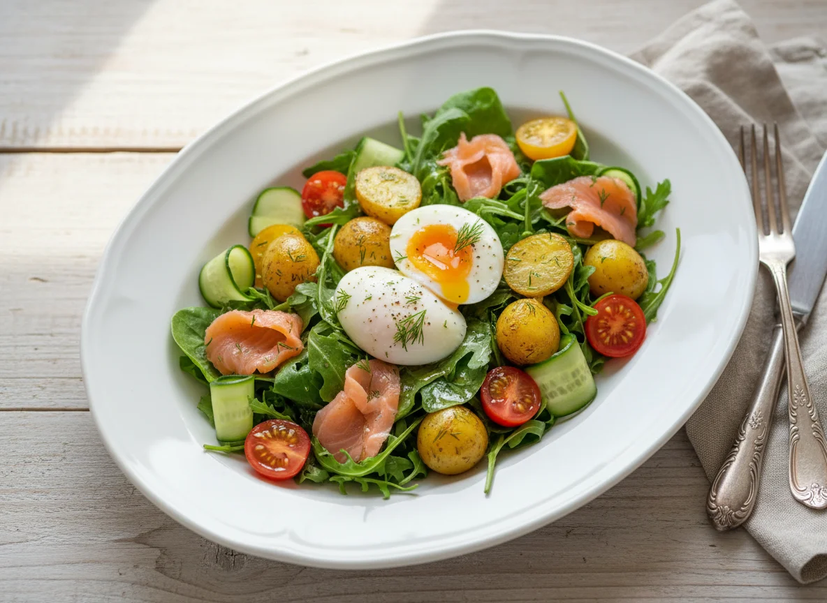 Салат с лососем, яйцом пашот и картофелем photo