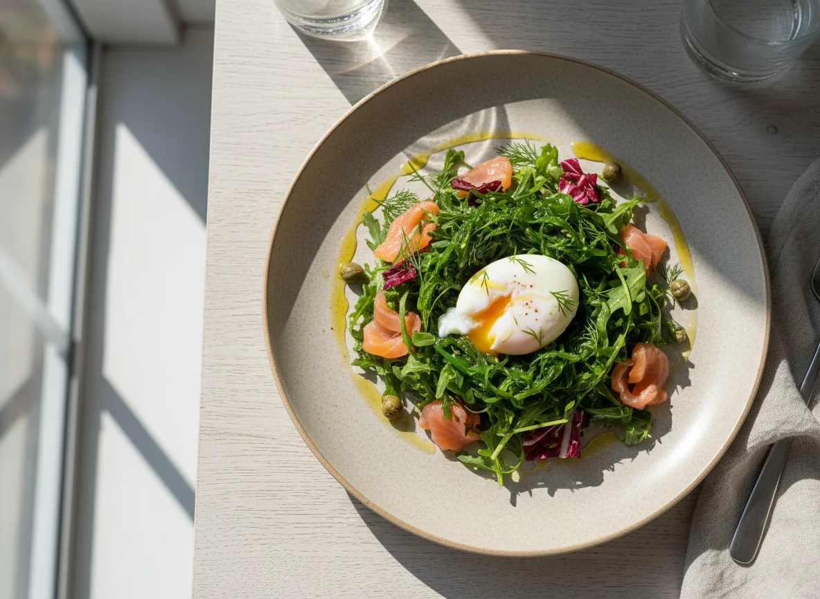 Салат с лососем, яйцом пашот и водорослями photo