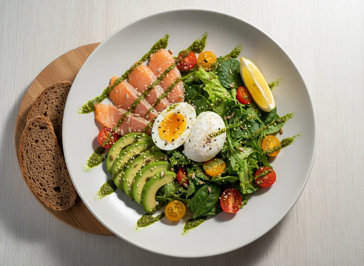 Салат с лососем, авокадо и яйцами пашот photo