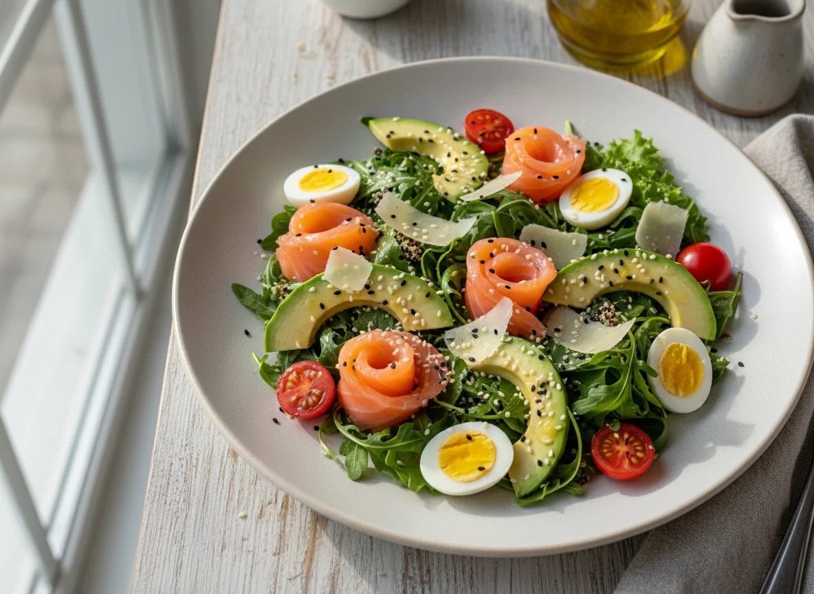 Салат с лососем, авокадо и перепелиными яйцами photo