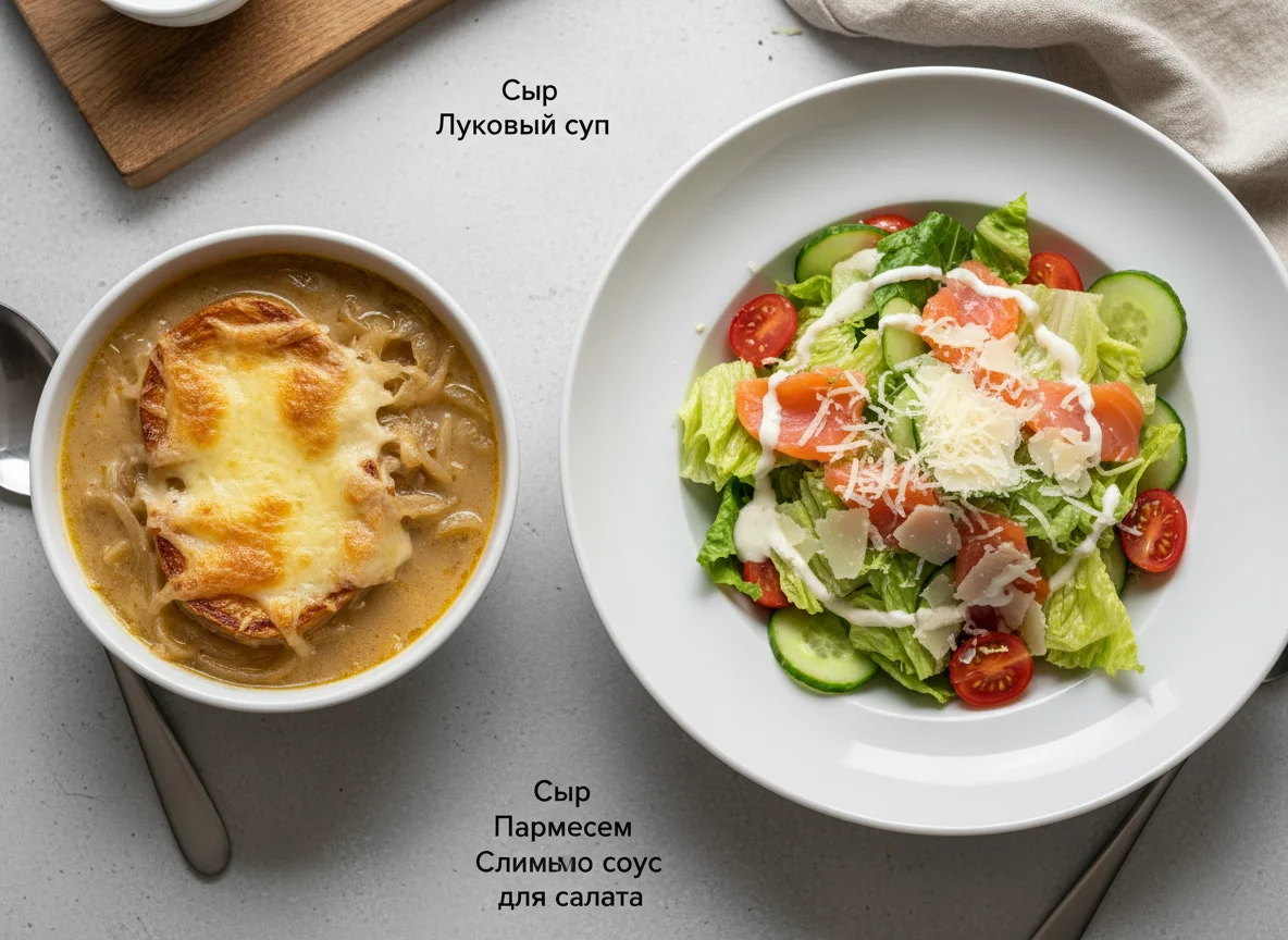 Салат с лососем и луковый суп photo