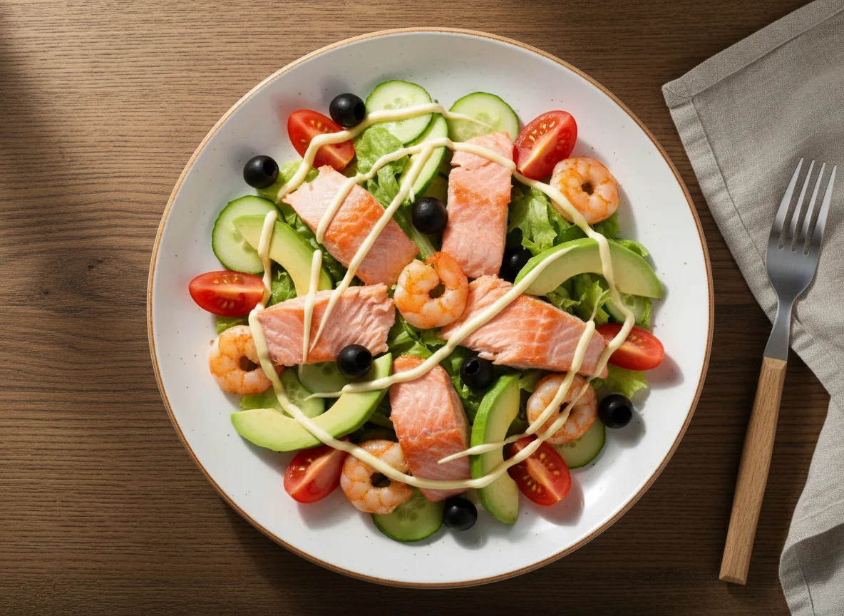 Салат с лососем, креветками и овощами photo