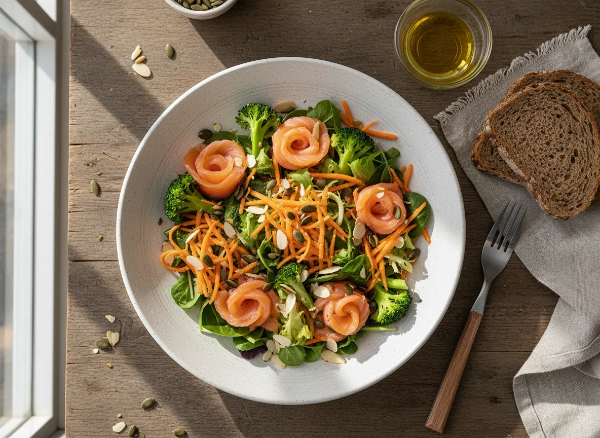 Салат с лососем, овощами и хлебом photo