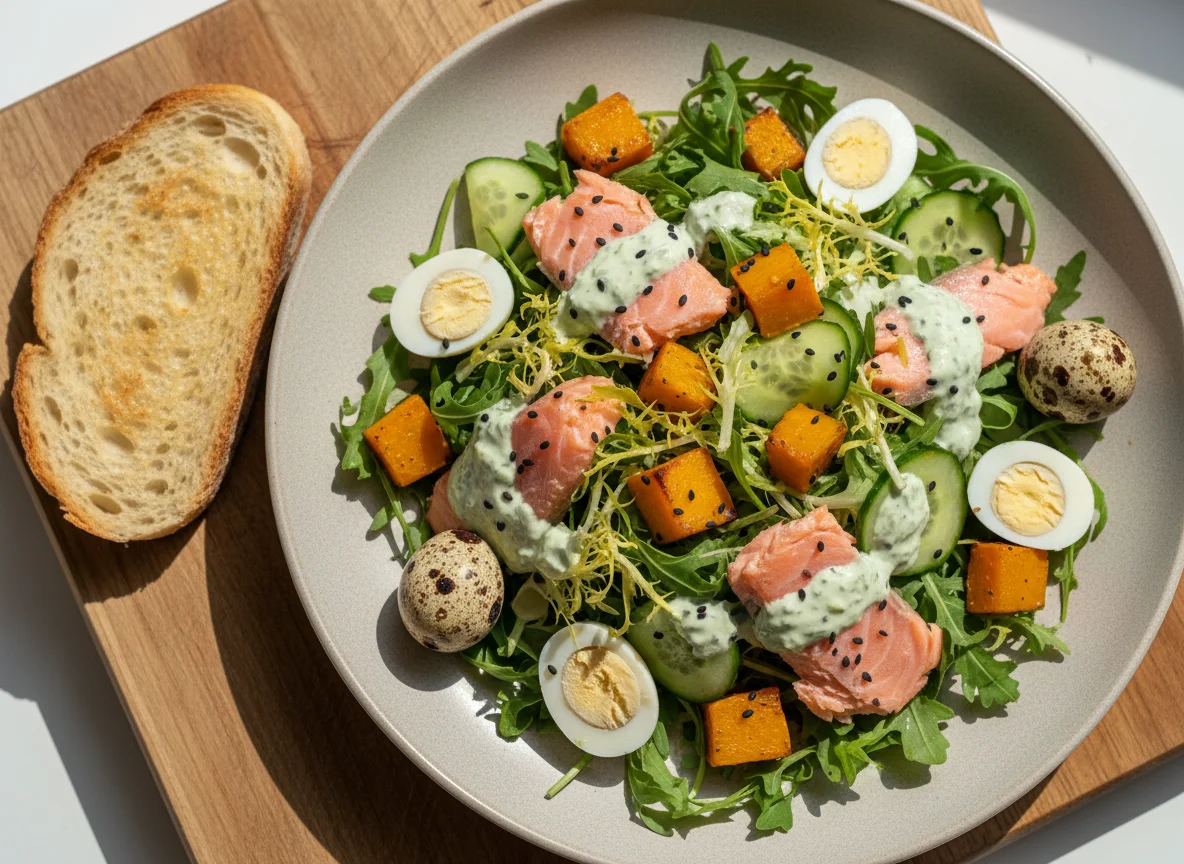 Салат с лососем, перепелиными яйцами и овощами photo