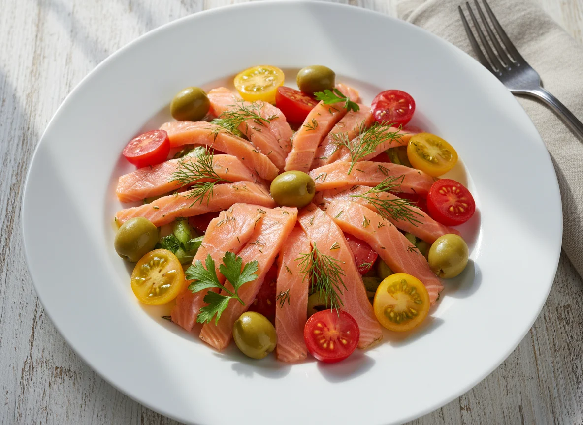 Салат с лососем, помидорами и оливками photo