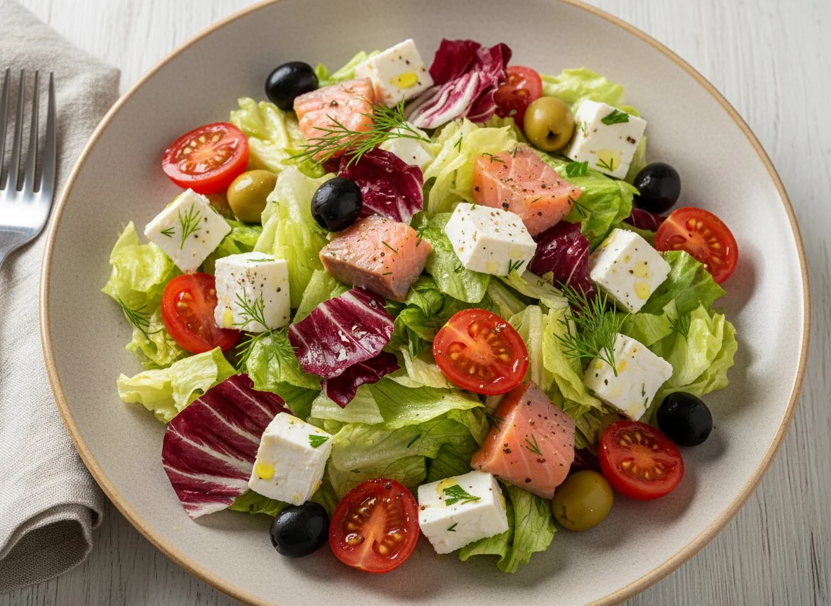 Салат с лососем, сыром и оливками photo