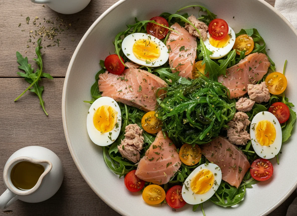 Салат с лососем, тунцом и яйцом photo