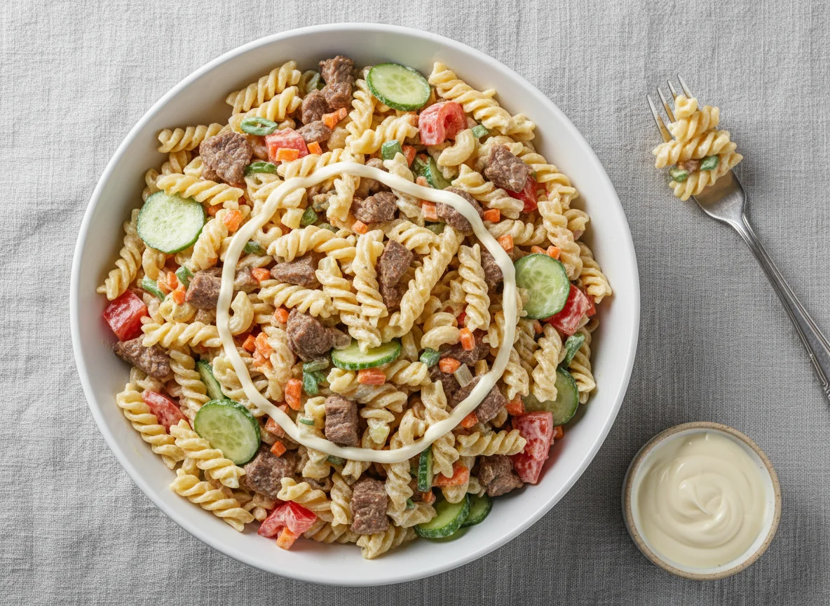 Салат с макаронами, мясом и овощами photo