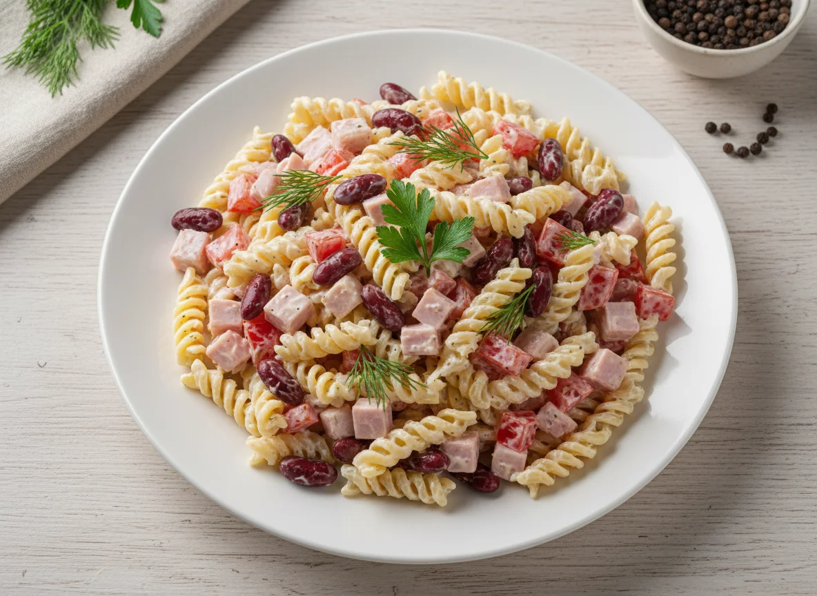Салат с макаронами, ветчиной и фасолью photo