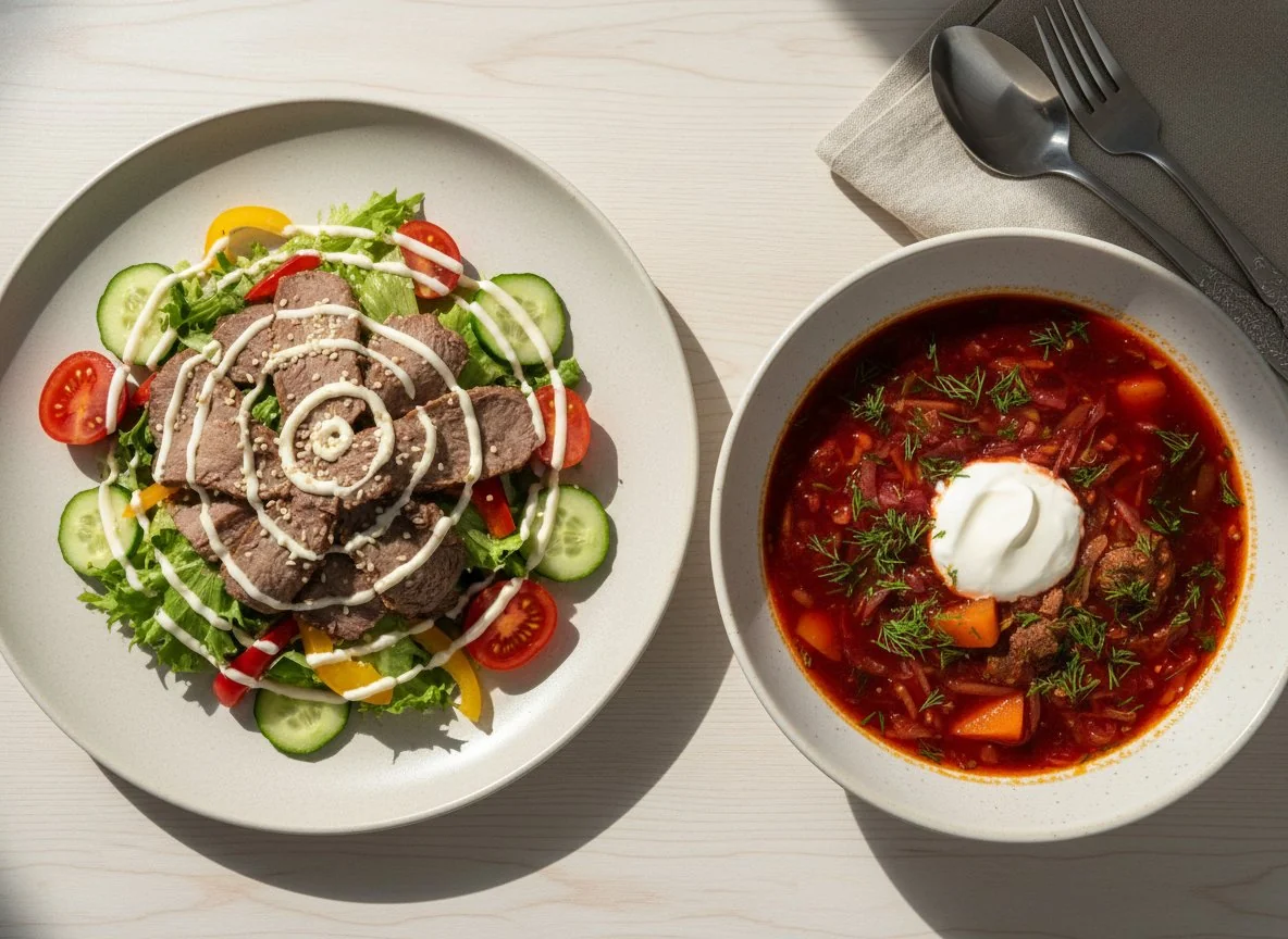 Салат с мясом и борщ photo