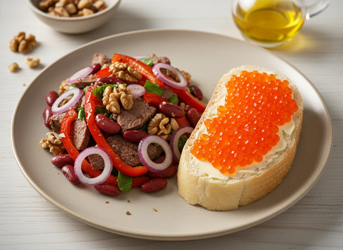 Салат с мясом и бутерброд с икрой photo