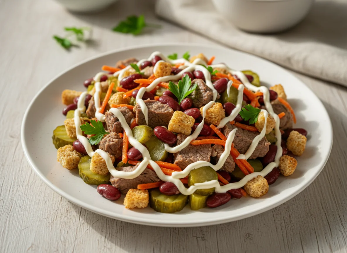 Салат с мясом и сухариками photo