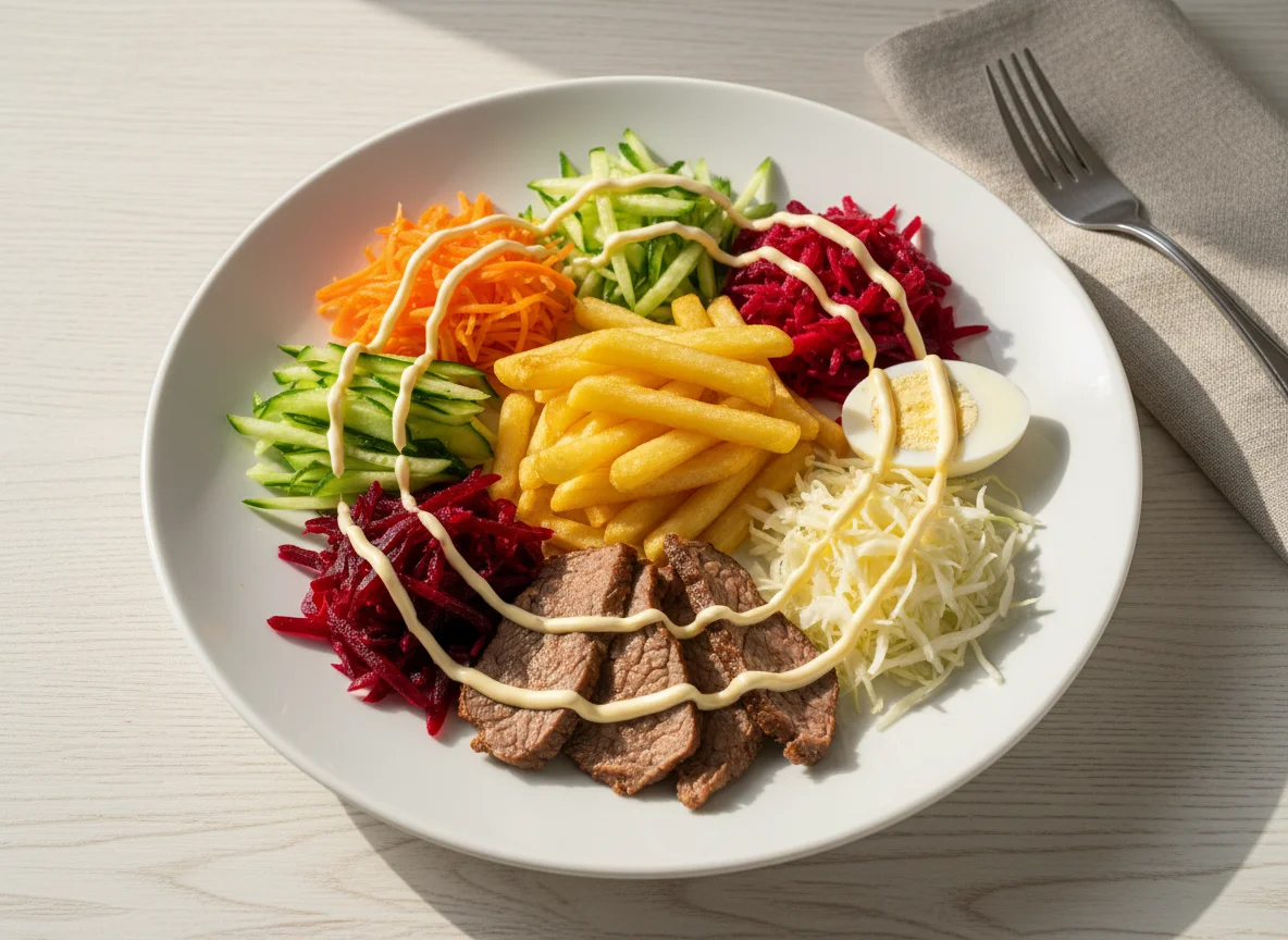 Салат с мясом, овощами и картофелем фри photo