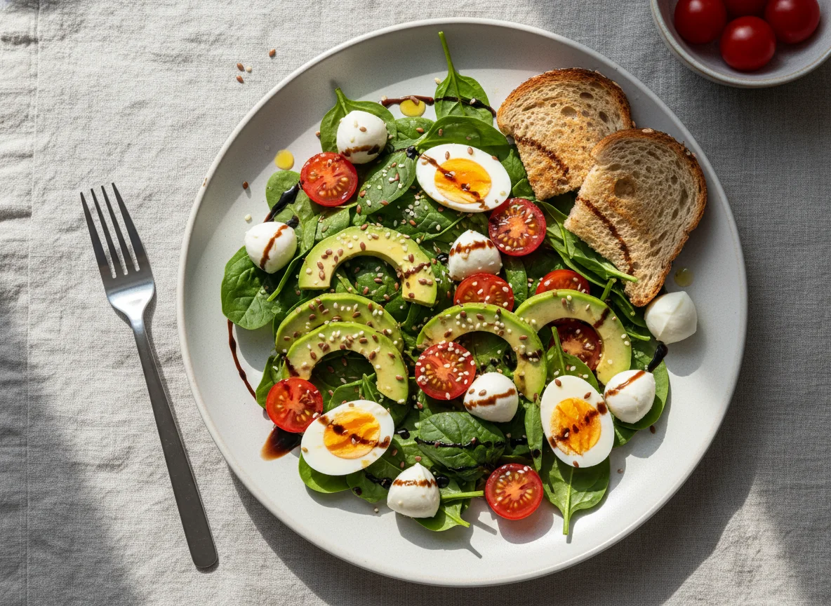 Салат с моцареллой, яйцом, авокадо и тостами photo