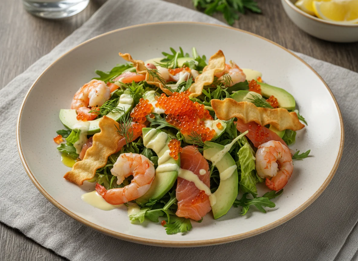 Салат с морепродуктами и авокадо photo