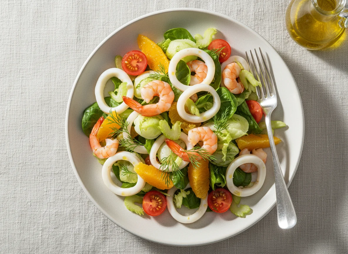 Салат с морепродуктами и цитрусами photo