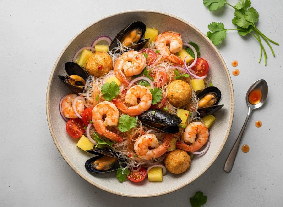 Салат с морепродуктами и фунчозой photo