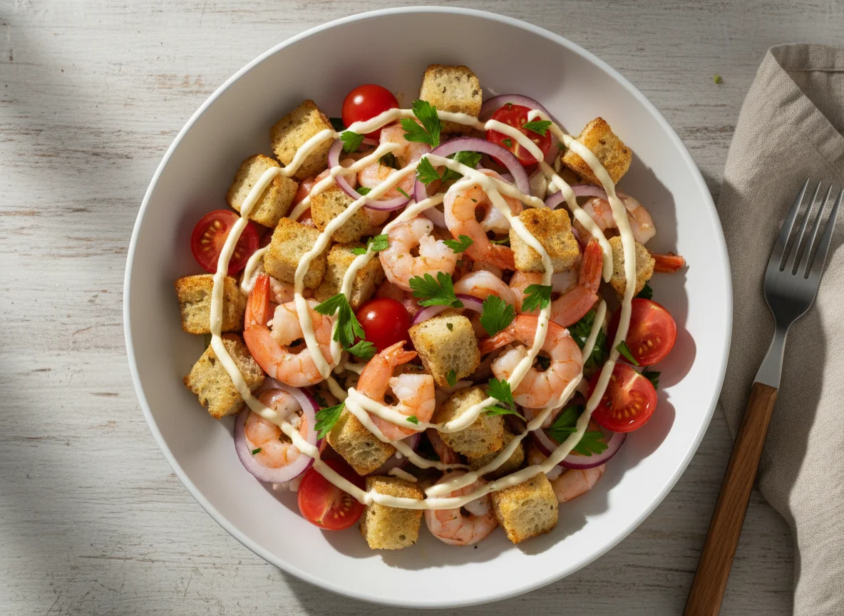 Салат с морепродуктами и гренками photo