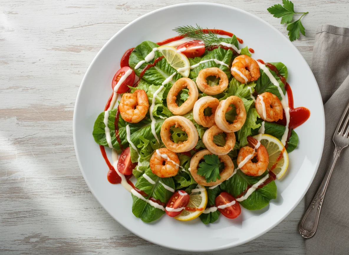 Салат с морепродуктами и овощами photo